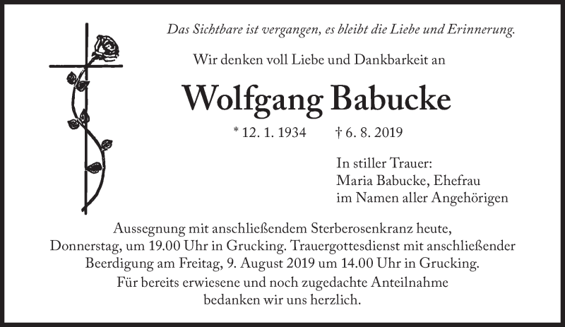  Traueranzeige für Wolfgang Babucke vom 08.08.2019 aus Süddeutsche Zeitung