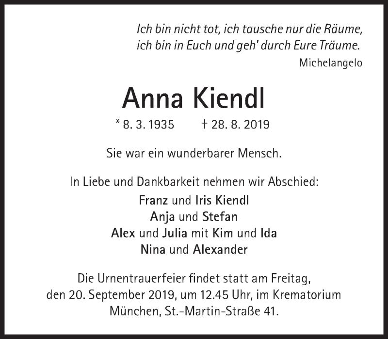  Traueranzeige für Anna Kiendl vom 07.09.2019 aus Süddeutsche Zeitung