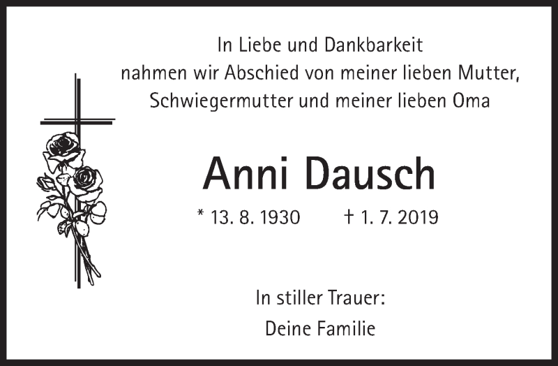  Traueranzeige für Anni Dausch vom 23.09.2019 aus Süddeutsche Zeitung