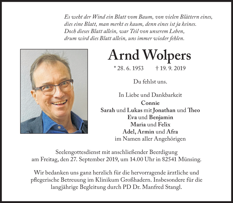  Traueranzeige für Arnd Wolpers vom 24.09.2019 aus Süddeutsche Zeitung