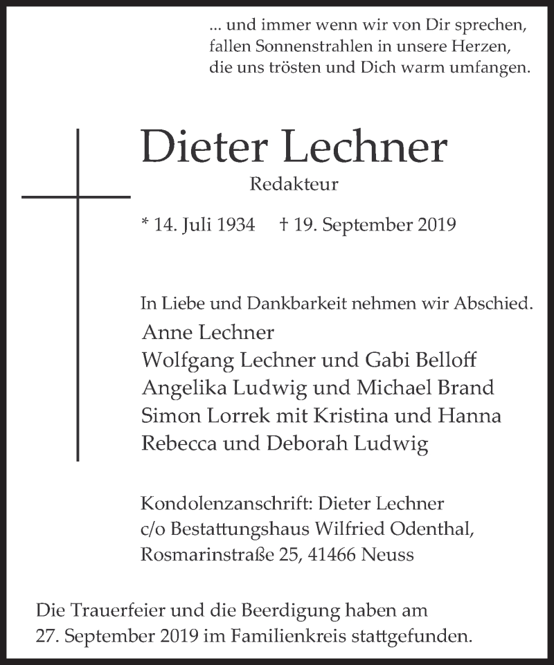  Traueranzeige für Dieter Lechner vom 28.09.2019 aus Süddeutsche Zeitung