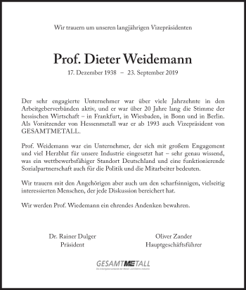 Traueranzeige von Dieter Weidemann von Süddeutsche Zeitung