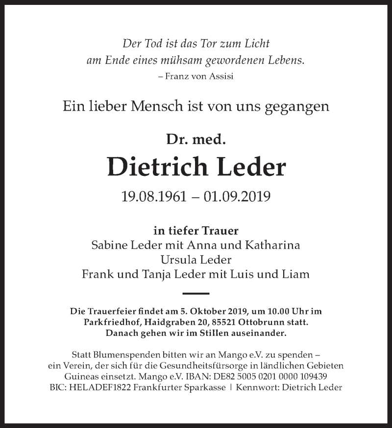  Traueranzeige für Dietrich Leder vom 21.09.2019 aus Süddeutsche Zeitung