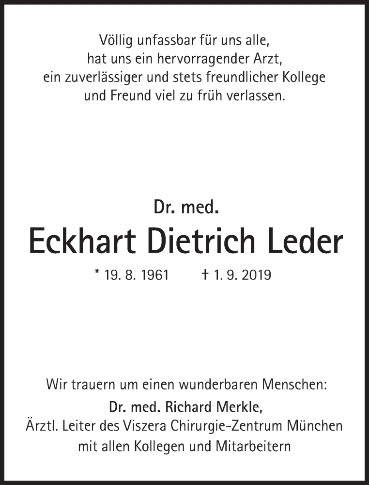  Traueranzeige für Dietrich Leder vom 07.09.2019 aus Süddeutsche Zeitung