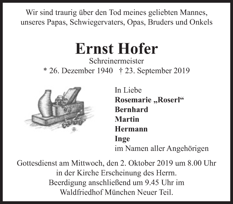  Traueranzeige für Ernst Hofer vom 28.09.2019 aus Süddeutsche Zeitung