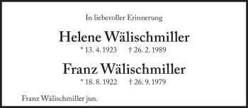 Traueranzeige von Franz Wälischmiller von Süddeutsche Zeitung