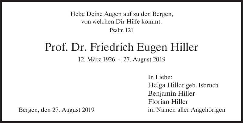  Traueranzeige für Friedrich Eugen Hiller vom 07.09.2019 aus Süddeutsche Zeitung