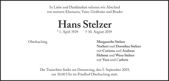 Traueranzeige von Hans Stelzer von Süddeutsche Zeitung