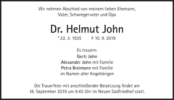 Traueranzeige von Helmut John von Süddeutsche Zeitung
