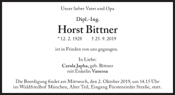 Traueranzeige von Horst Bittner von Süddeutsche Zeitung