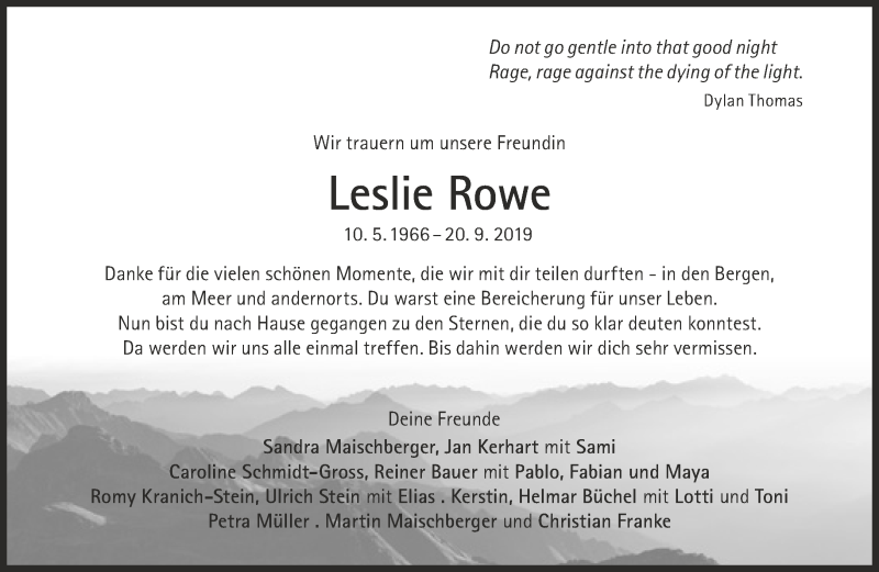  Traueranzeige für Leslie Rowe vom 28.09.2019 aus Süddeutsche Zeitung