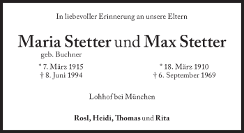 Traueranzeige von Maria und Max Stetter von Süddeutsche Zeitung