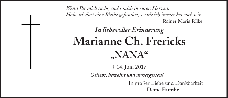  Traueranzeige für Marianne Ch. Frericks vom 16.06.2018 aus Süddeutsche Zeitung