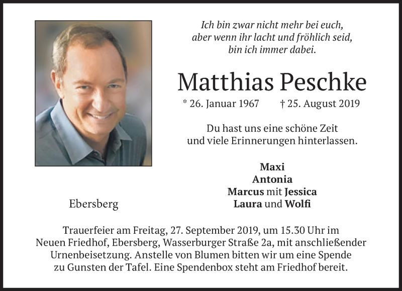  Traueranzeige für Matthias Peschke vom 21.09.2019 aus Süddeutsche Zeitung