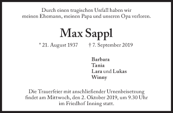Traueranzeige von Max Sappl von Süddeutsche Zeitung