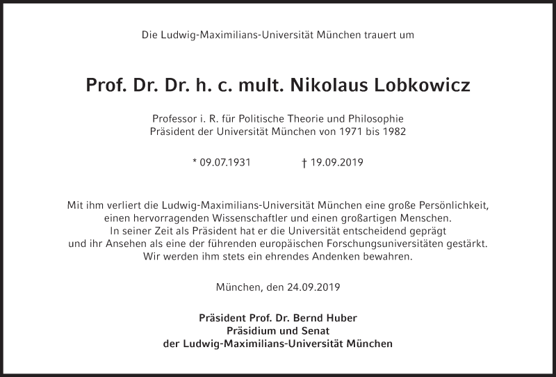  Traueranzeige für Nikolaus Lobkowicz vom 24.09.2019 aus Süddeutsche Zeitung