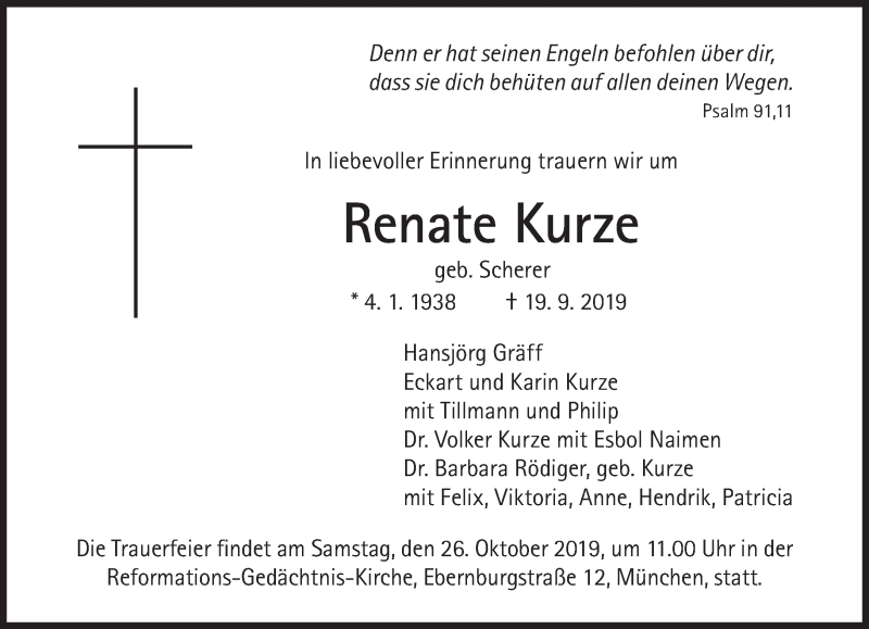  Traueranzeige für Renate Kurze vom 28.09.2019 aus Süddeutsche Zeitung