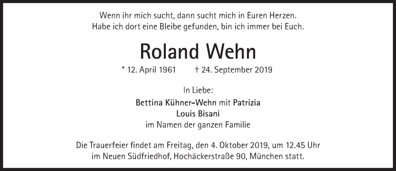  Traueranzeige für Roland Wehn vom 28.09.2019 aus Süddeutsche Zeitung