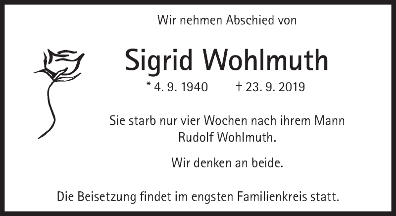  Traueranzeige für Sigrid Wohlmuth vom 28.09.2019 aus Süddeutsche Zeitung