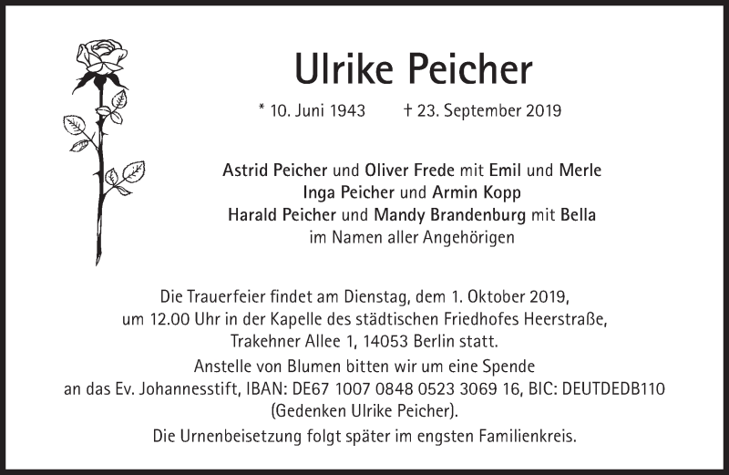  Traueranzeige für Ulrike Peicher vom 28.09.2019 aus Süddeutsche Zeitung