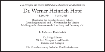 Traueranzeige von Werner Heinrich Hopf von Süddeutsche Zeitung