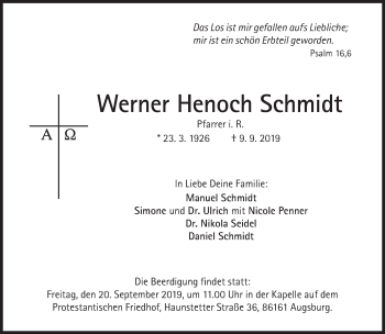 Traueranzeige von Werner Henoch Schmidt von Süddeutsche Zeitung