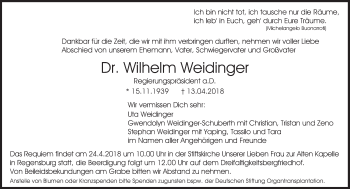 Traueranzeige von Wilhelm Weidinger von Süddeutsche Zeitung