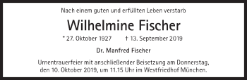Traueranzeige von Wilhelmine Fischer von Süddeutsche Zeitung