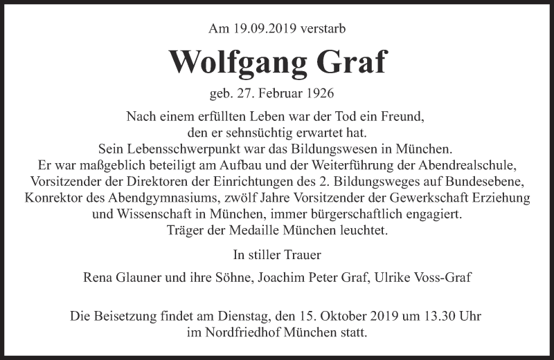  Traueranzeige für Wolfgang Graf vom 28.09.2019 aus Süddeutsche Zeitung