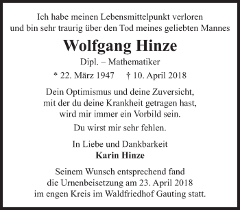 Traueranzeige von Wolfgang Hinze von Süddeutsche Zeitung
