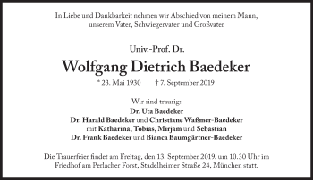 Traueranzeige von Wolfgang Dietrich Baedeker von Süddeutsche Zeitung