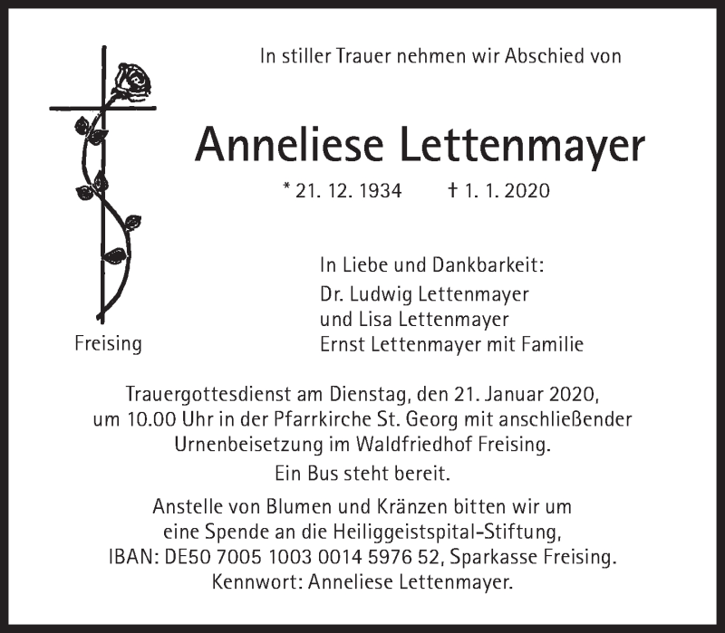  Traueranzeige für Anneliese Lettenmayer vom 18.01.2020 aus Süddeutsche Zeitung