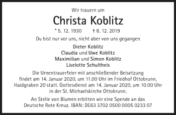 Traueranzeige von Christa Koblitz von Süddeutsche Zeitung