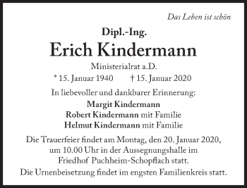 Traueranzeige von Erich Kindermann von Süddeutsche Zeitung