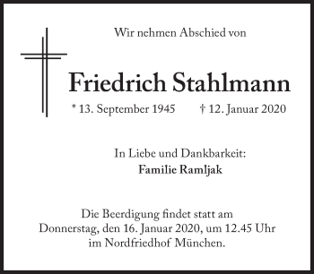 Traueranzeige von Friedrich Stahlmann von Süddeutsche Zeitung