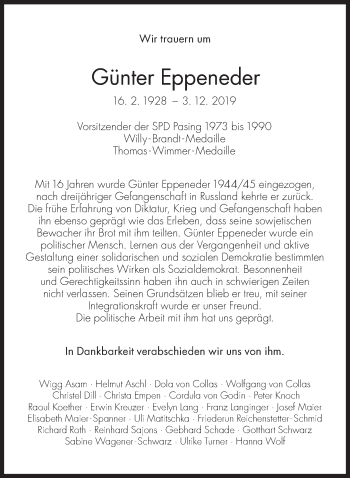 Traueranzeige von Günter Eppeneder von Süddeutsche Zeitung