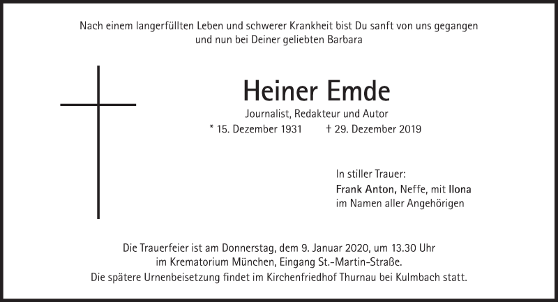  Traueranzeige für Heiner Emde vom 04.01.2020 aus Süddeutsche Zeitung