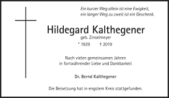 Traueranzeige von Hildegard Kalthegener von Süddeutsche Zeitung