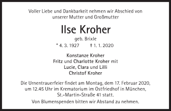 Traueranzeige von Ilse Kroher von Süddeutsche Zeitung