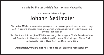 Traueranzeige von Johann Sedlmaier von Süddeutsche Zeitung