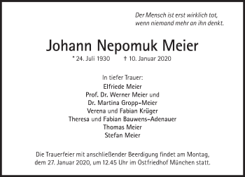 Traueranzeige von Johann Nepomuk Meier von Süddeutsche Zeitung