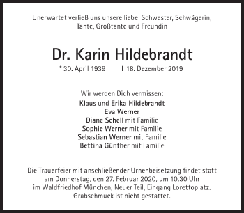 Traueranzeige von Karin Hildebrandt von Süddeutsche Zeitung