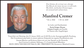 Traueranzeige von Manfred Cremer von Süddeutsche Zeitung