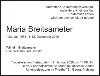 Traueranzeige von Maria Breitsameter von Süddeutsche Zeitung