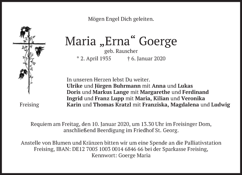  Traueranzeige für Maria  Goerge vom 08.01.2020 aus Süddeutsche Zeitung