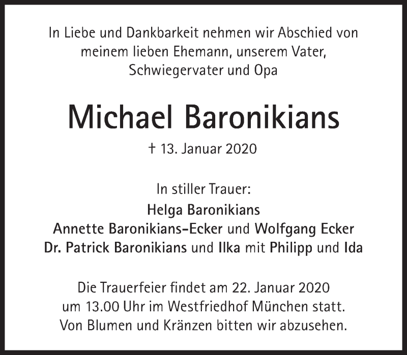  Traueranzeige für Michael Baronikians vom 18.01.2020 aus Süddeutsche Zeitung