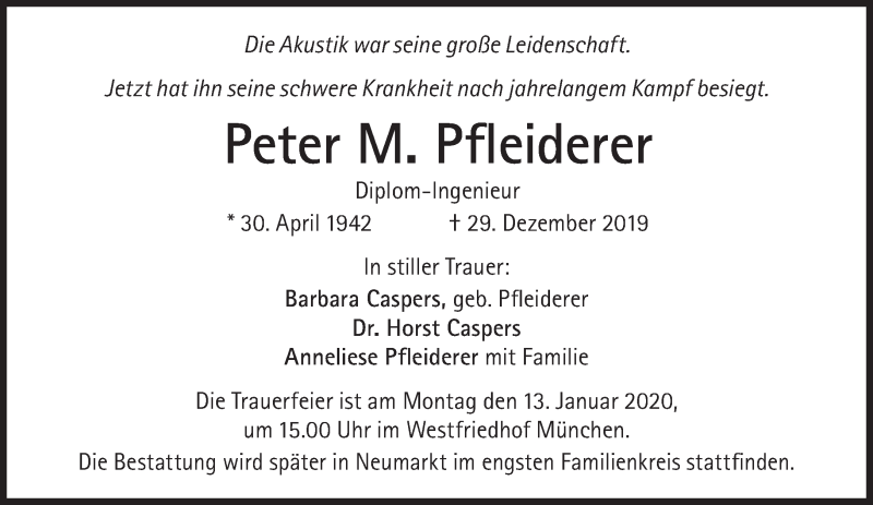  Traueranzeige für Peter M. Pfleiderer vom 11.01.2020 aus Süddeutsche Zeitung