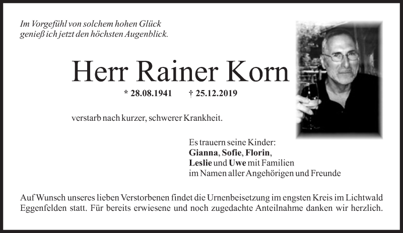  Traueranzeige für Rainer Korn vom 11.01.2020 aus Süddeutsche Zeitung