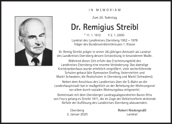 Traueranzeige von Remigius Streibl von Süddeutsche Zeitung