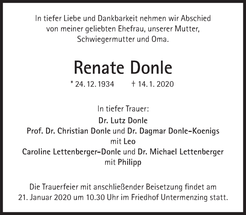  Traueranzeige für Renate Donle vom 18.01.2020 aus Süddeutsche Zeitung
